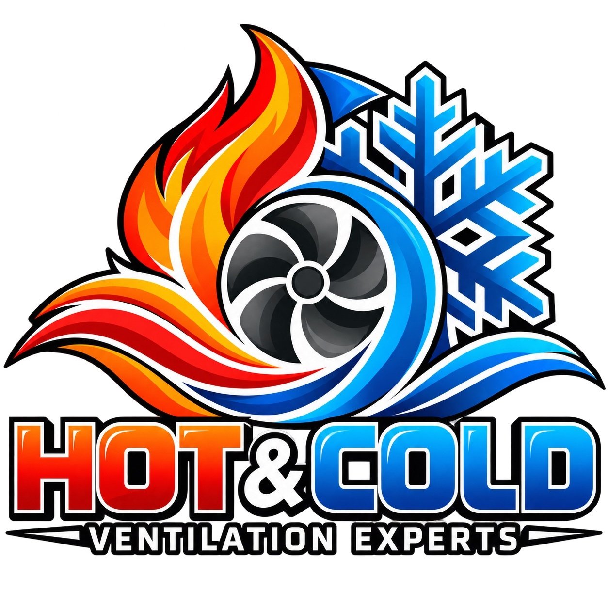 Hot and Cold logo showing flame, fan and snowflake